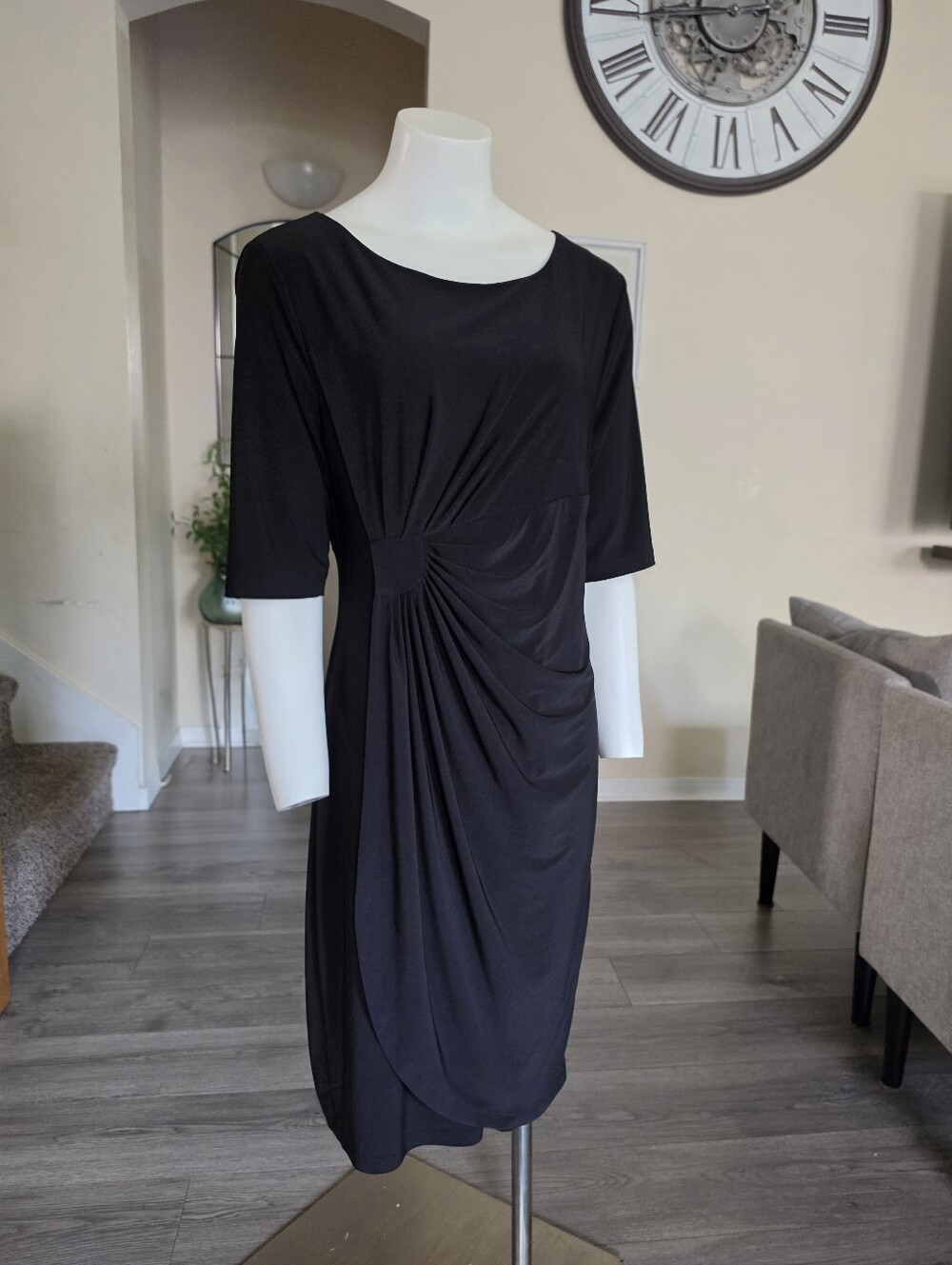 Signature Sadie Black Midi Draped Ruched Sheath Dress Size 12